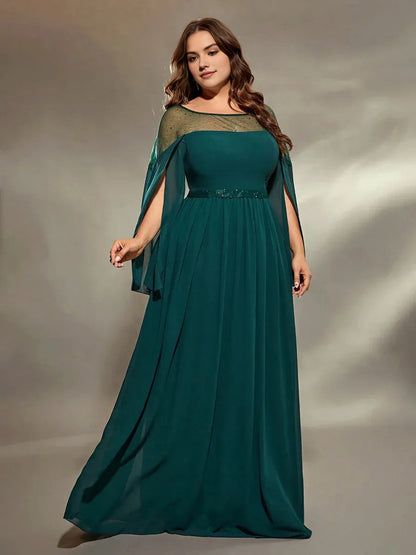 Modest A‑Line Bateau Neck Flared‑Sleeve Keyhole‑Back Floor‑Length Plus Size Mother Of The Bride Dress