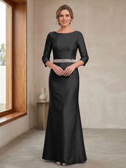 Satin Mermaid Bateau-Neck 3/4-Sleeve Zip-Back Floor-Length plus size Mother Of Bride Dress