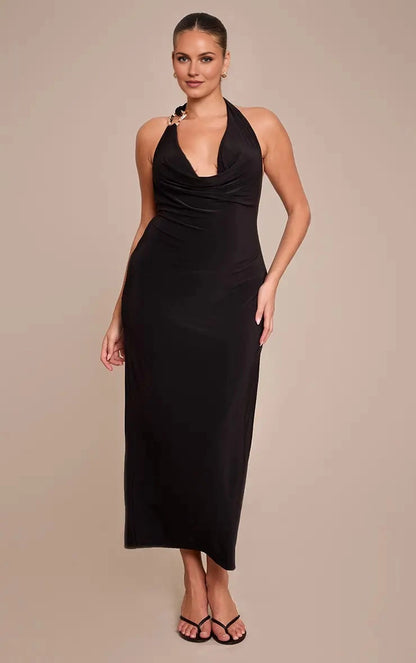 Roselledress Slinky Jersey Halter Cowl‑Neck Chain‑Detail Open‑Back Midi Bodycon Plus Size Wedding Guest Dress