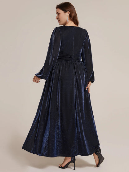 Back view of RoselleDress dark shiny sparkly plus size evening dress solid plain back zipper long sleeve mother of bride midi maxi dress