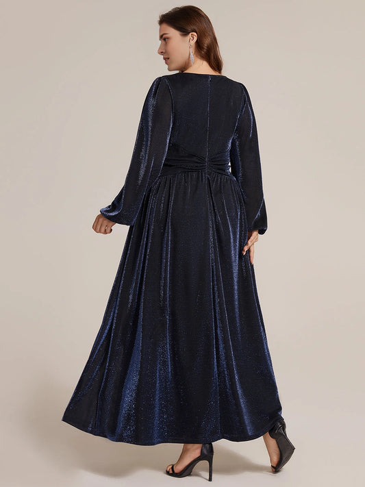 Back view of RoselleDress dark shiny sparkly plus size evening dress solid plain back zipper long sleeve mother of bride midi maxi dress