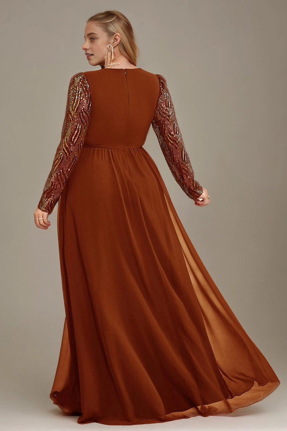 Roselledress formal evening dress solid zip back sparkly long sleeve curvy wedding gown back view