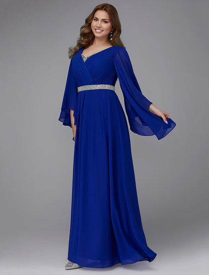 Modest A‑Line V‑Neck Cape‑Sleeve Round‑Back Floor‑Length Plus Size Mother Of The Bride Dress