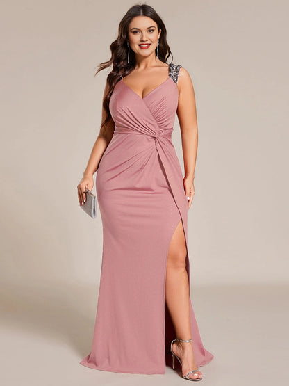 Plus Size Glitter V-Neck Beaded Strap Slit Mermaid Long Prom Dress
