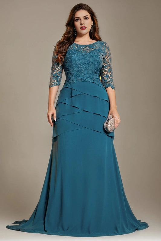 Roselledress teal plus size evening dress bateau neck 3/4 lace sleeve layered chiffon mermaid formal gown