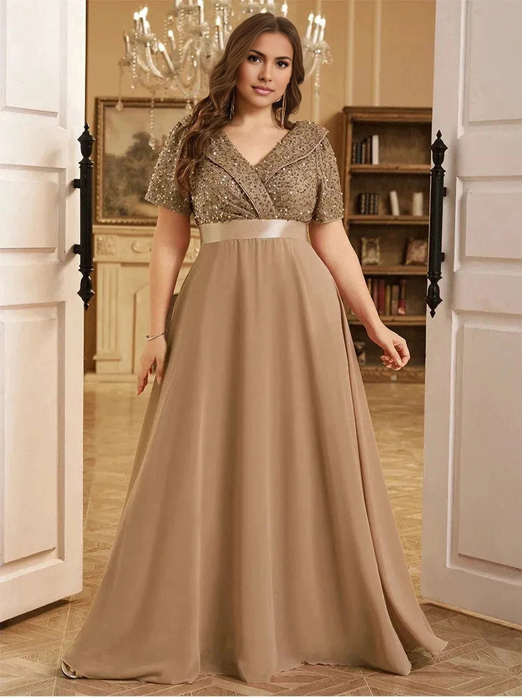 Elegant A‑Line V‑Neck Short‑Sleeve Zip‑Back Floor‑Length Plus Size Mother Of The Bride Dress