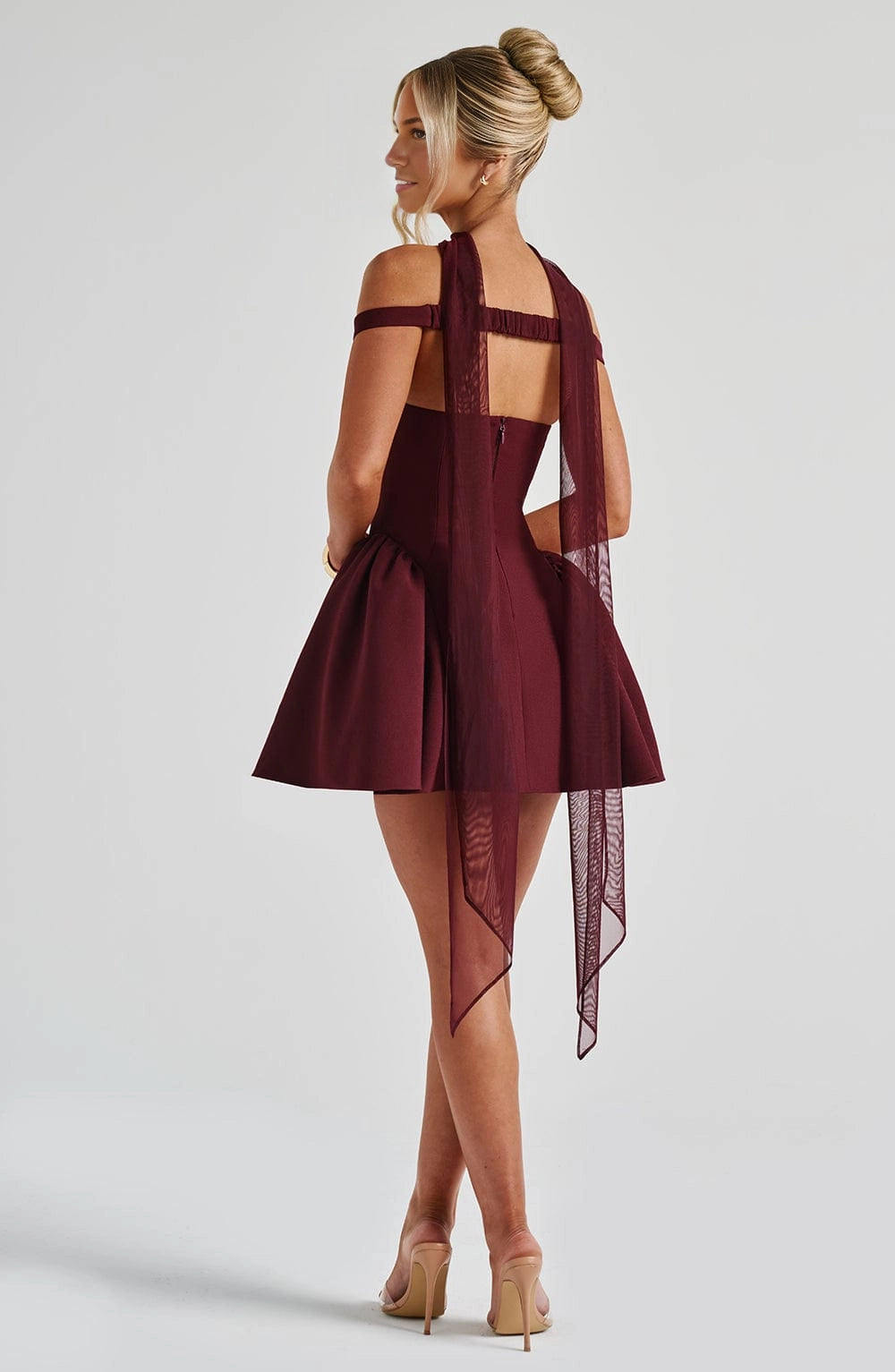 Flared Off Shoulder Deep V Open Back Mini Homecoming Dress
