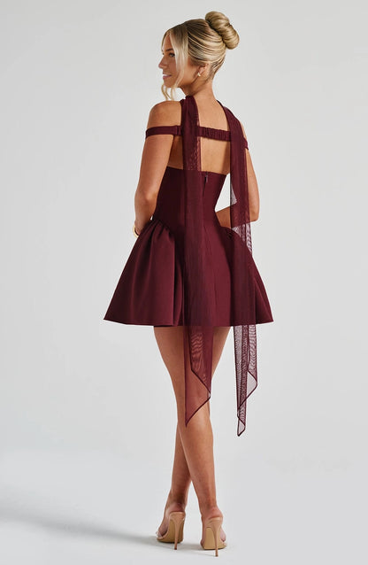 Flared Off Shoulder Deep V Open Back Mini Homecoming Dress