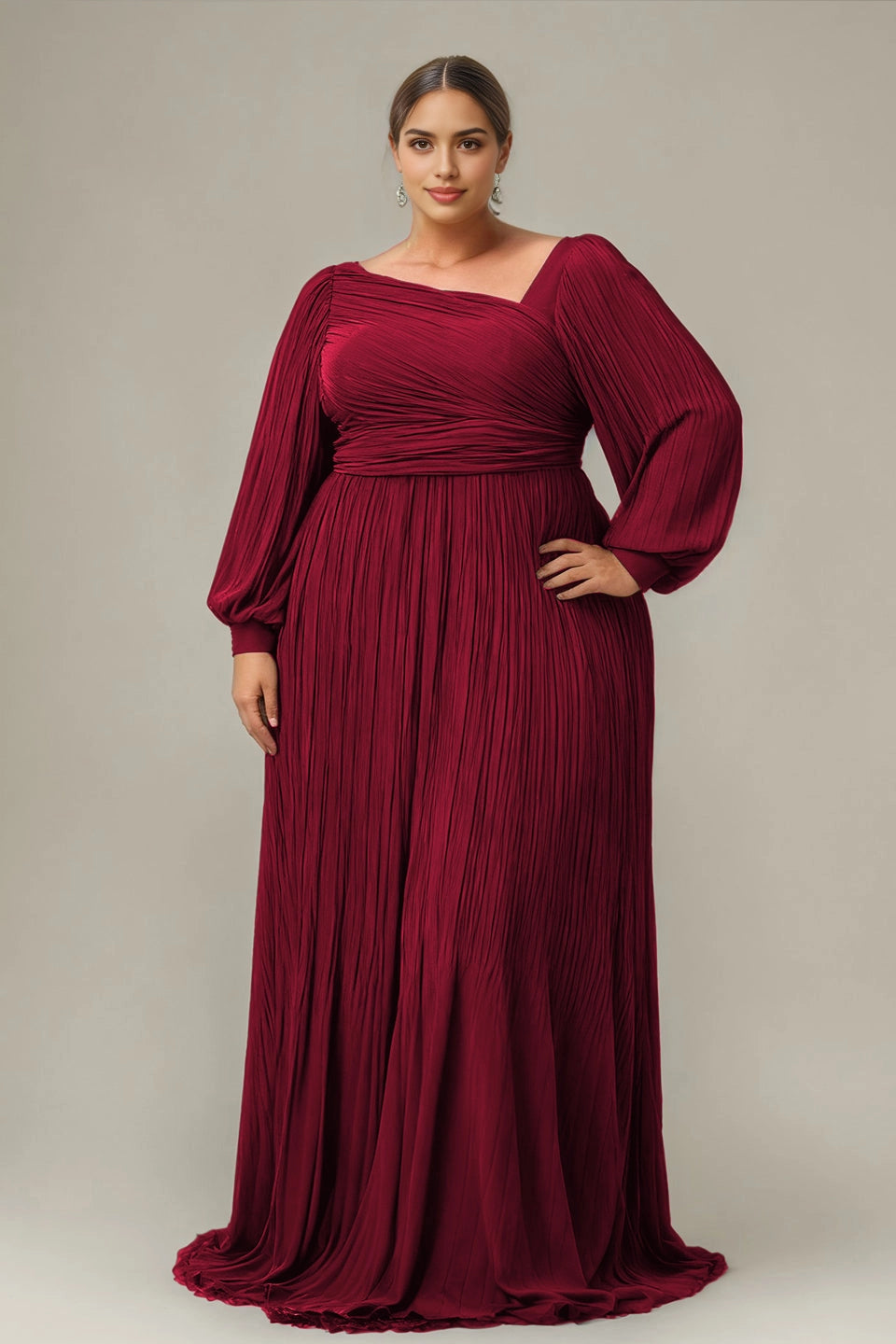 Peacock Plus Size A-Line Asymmetrical Long Sleeve Closed Back Long Prom Dress