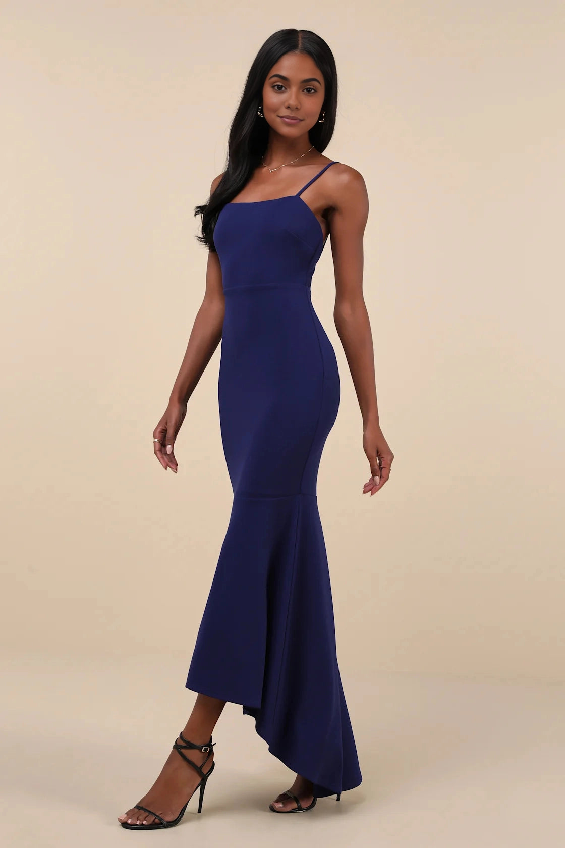 Sleek Mermaid Spaghetti V-Back Square Long Prom Dress