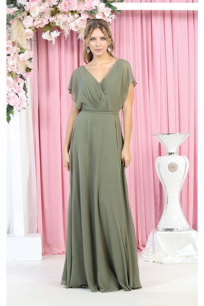 Elegant Plus Size A-Line V-Neck Flutter-Sleeve Open-Back Maxi Mother of Bride Dress