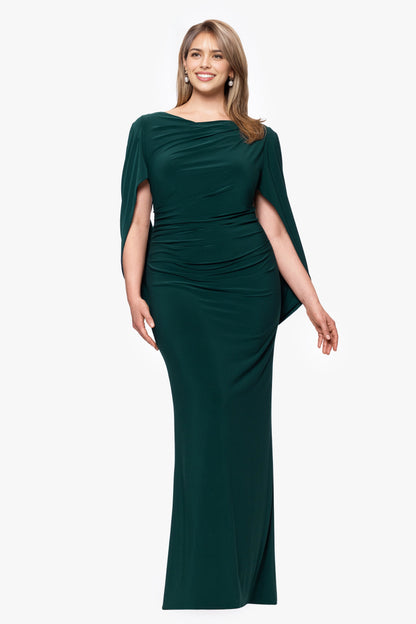 Plus Size Elegant Sheath Boat Neck Cape Sleeve V-Back Maxi Wedding Guest Dress