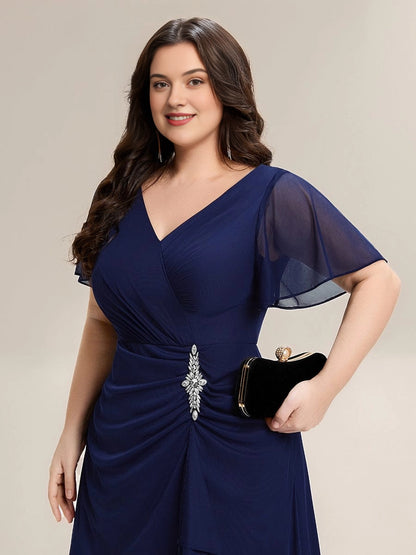 Plus Size Chiffon V-Neck Flutter Sleeve Rhinestone Brooch Slit Mother of Bride Dress