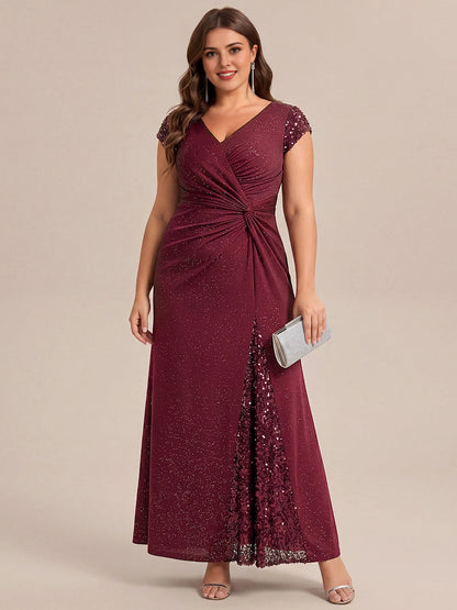 Roselledress Glitter Mermaid Deep V Cap Sleeve V Back Floor Length Plus Size Wedding Guest Dress