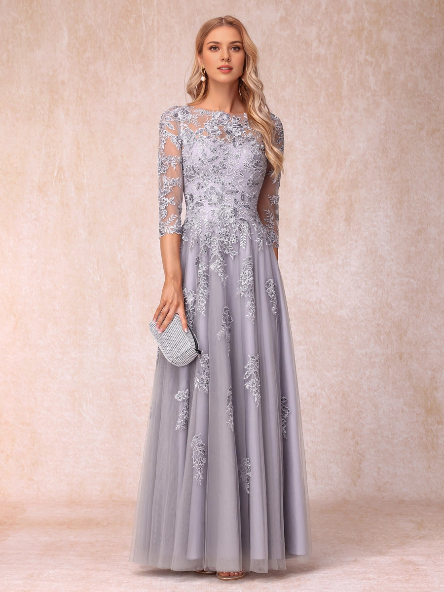 Graceful A Line Round 3/4 Sleeve Illusion V Back Lace Long Mother Of Bride Dress