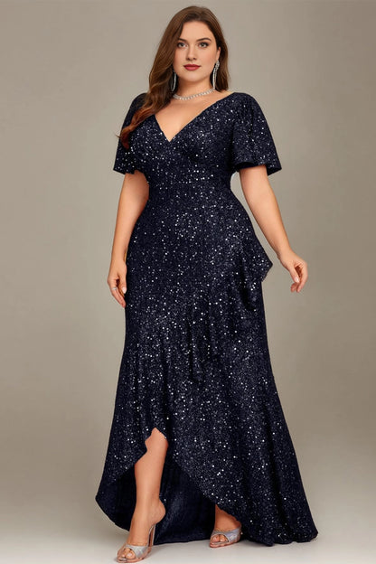 Glamorous Plus Size Sheath V-Neck Short-Sleeve V-Back Long Evening Dress