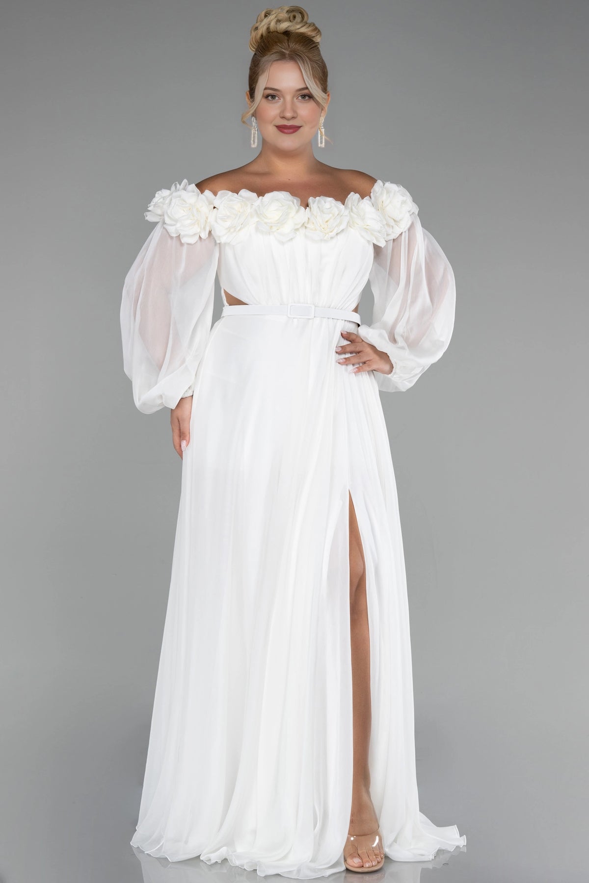 Elegant A-Line Square-Neck Sheer-Sleeve Zipper-Back Floor-Length Plus Size Wedding Guest Dress