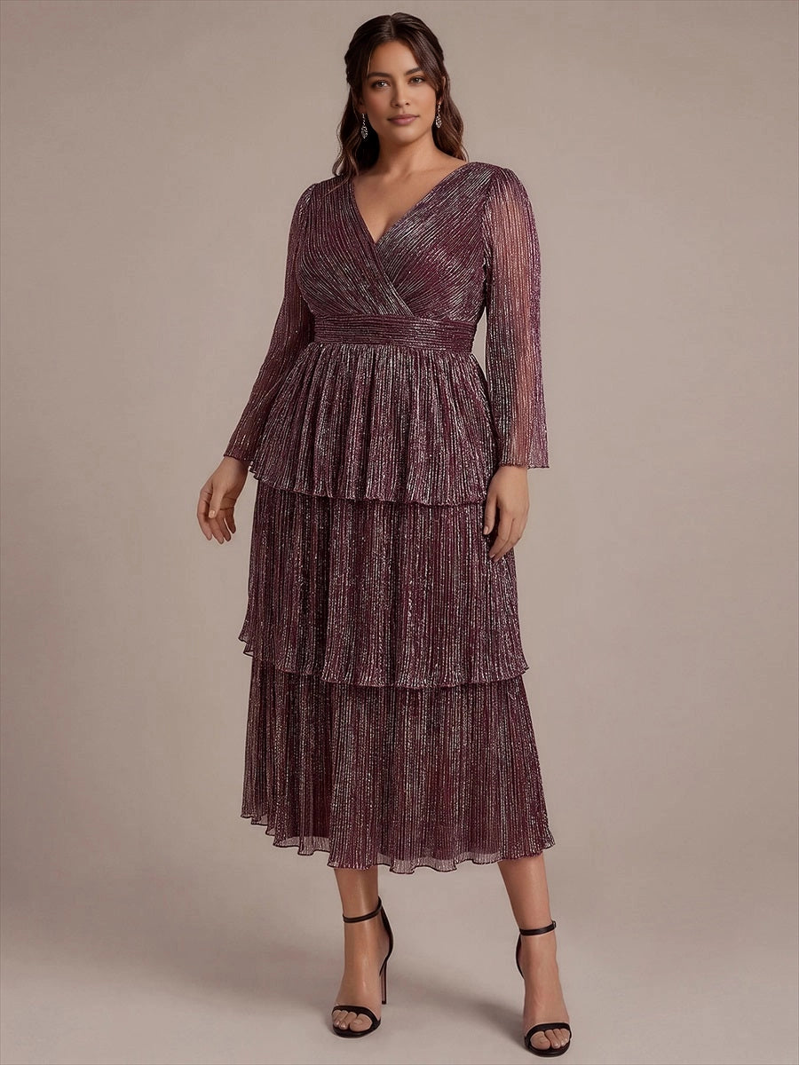 Roselledress Metallic‑Shimmer Tiered Ruffle Sleeve Maxi Plus Size Wedding Guest Dress