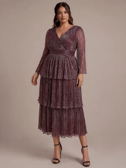 Roselledress Metallic‑Shimmer Tiered Ruffle Sleeve Maxi Plus Size Wedding Guest Dress