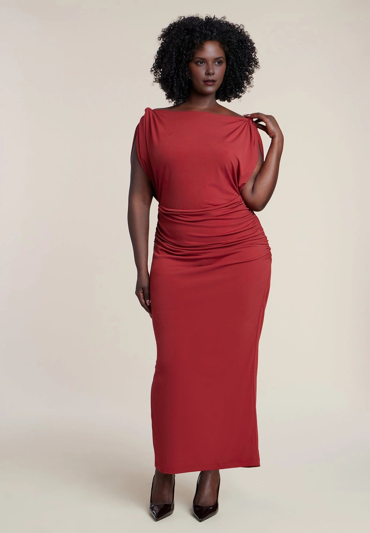 Olive Green Plus Size Jersey Boat Neck Ruched Slit Midi Wedding Guest Dress