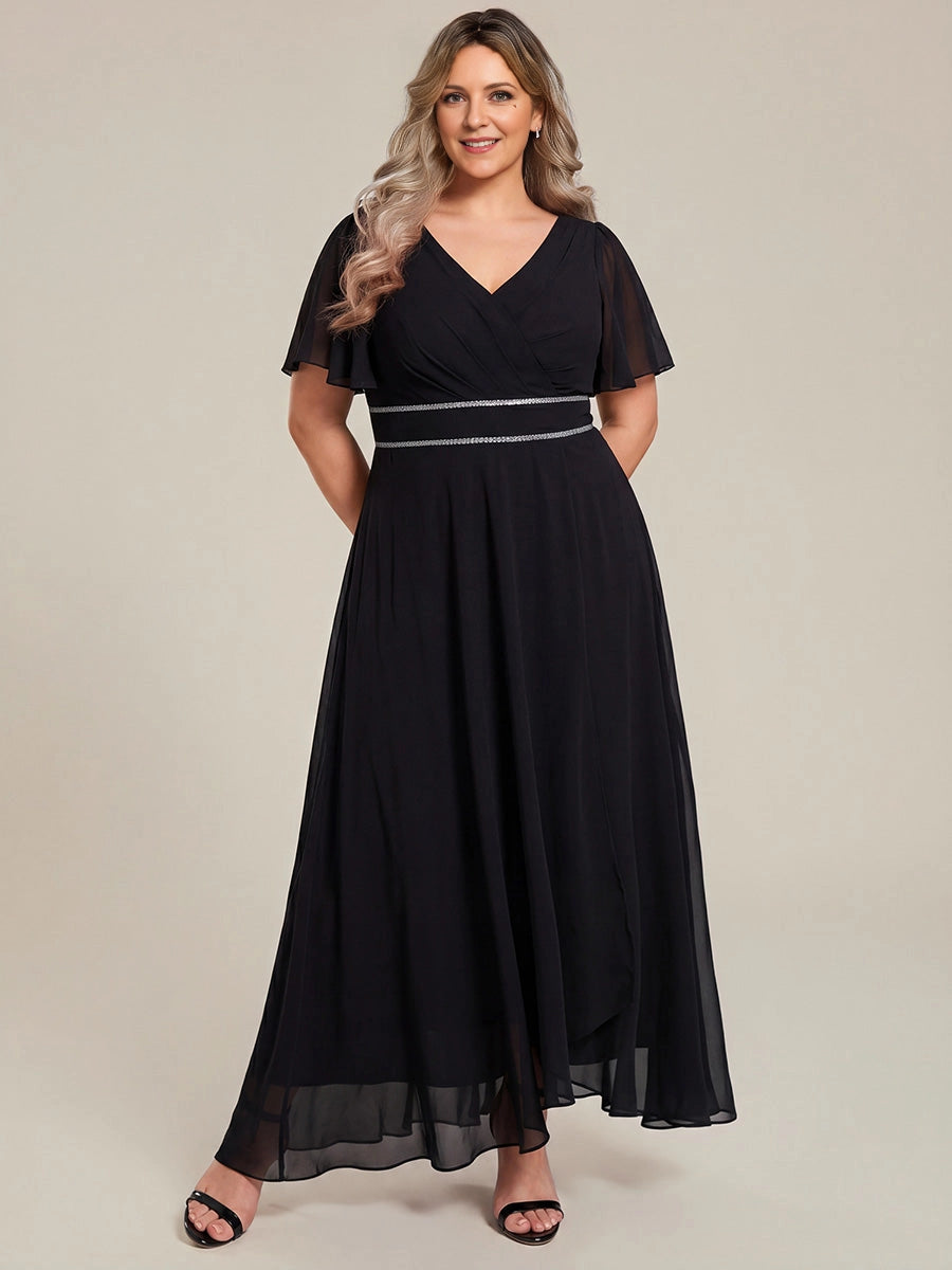 Elegant Plus Size A-Line V-Neck Flutter-Sleeve V-Back Maxi Mother of Bride Dress