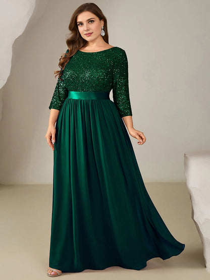 Roselledress Burgundy A Line Boat Neck 3/4 Sleeve Zip Back Floor Length Plus Size Wedding Guest Dress