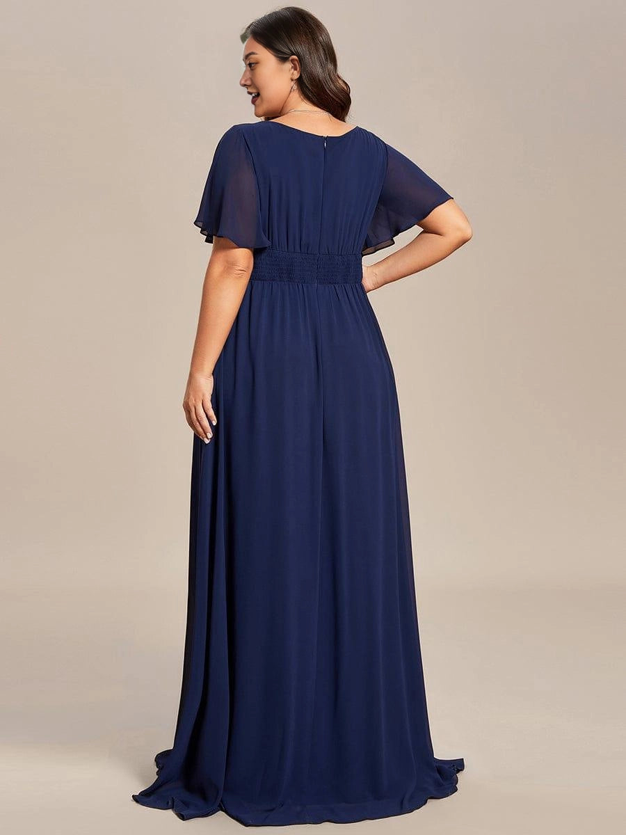 A-Line Round Neck Flutter Sleeve Back Zipper Floor Length Plus Size Floral Chiffon Wedding Guest Dress
