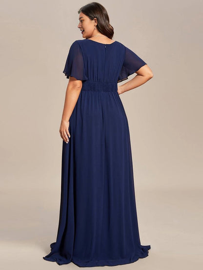 A-Line Round Neck Flutter Sleeve Back Zipper Floor Length Plus Size Floral Chiffon Wedding Guest Dress