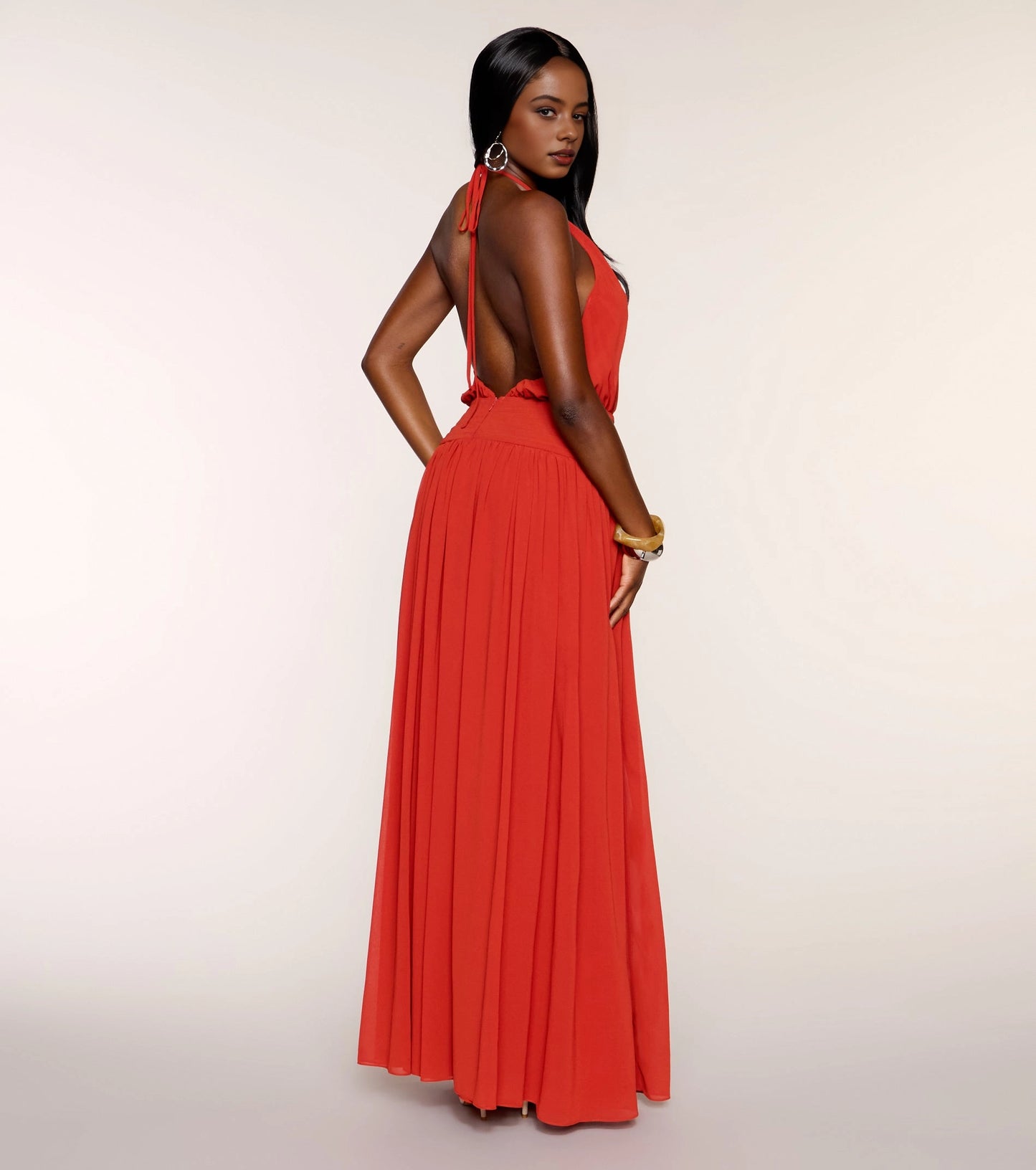 RoselleDress tangerine chiffon halter tie open back flowy long wedding guest formal gown