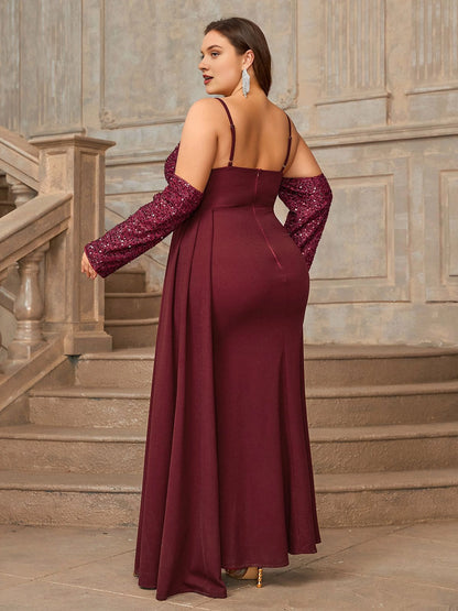 Plus size burgundy evening dress with open back, sequin long sleeves and center back zipper

