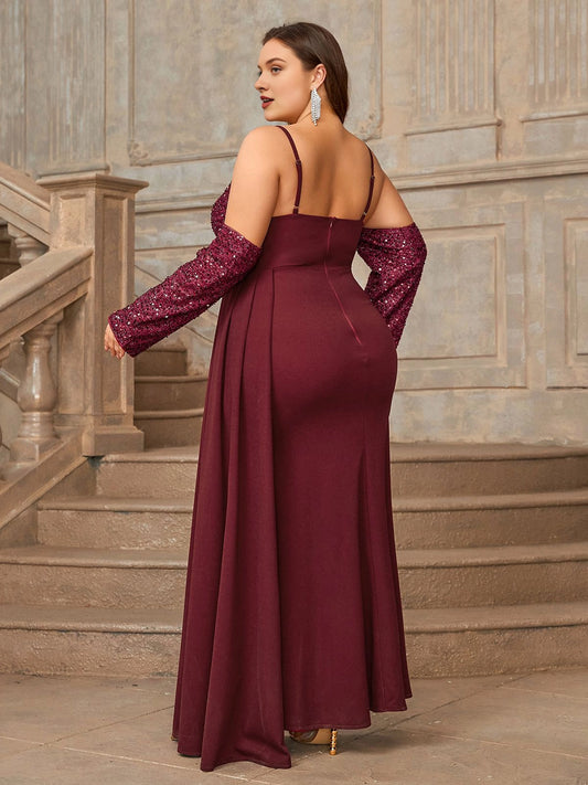 Plus size burgundy evening dress with open back, sequin long sleeves and center back zipper
