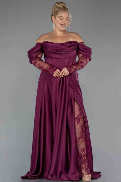 Elegant A-Line Off-Shoulder Lace-Sleeve Zipper-Back Floor-Length Plus Size Wedding Guest Dress