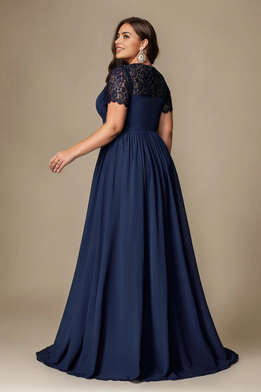 Back view Roselledress navy plus size lace sleeve a-line prom dress chiffon formal gown
