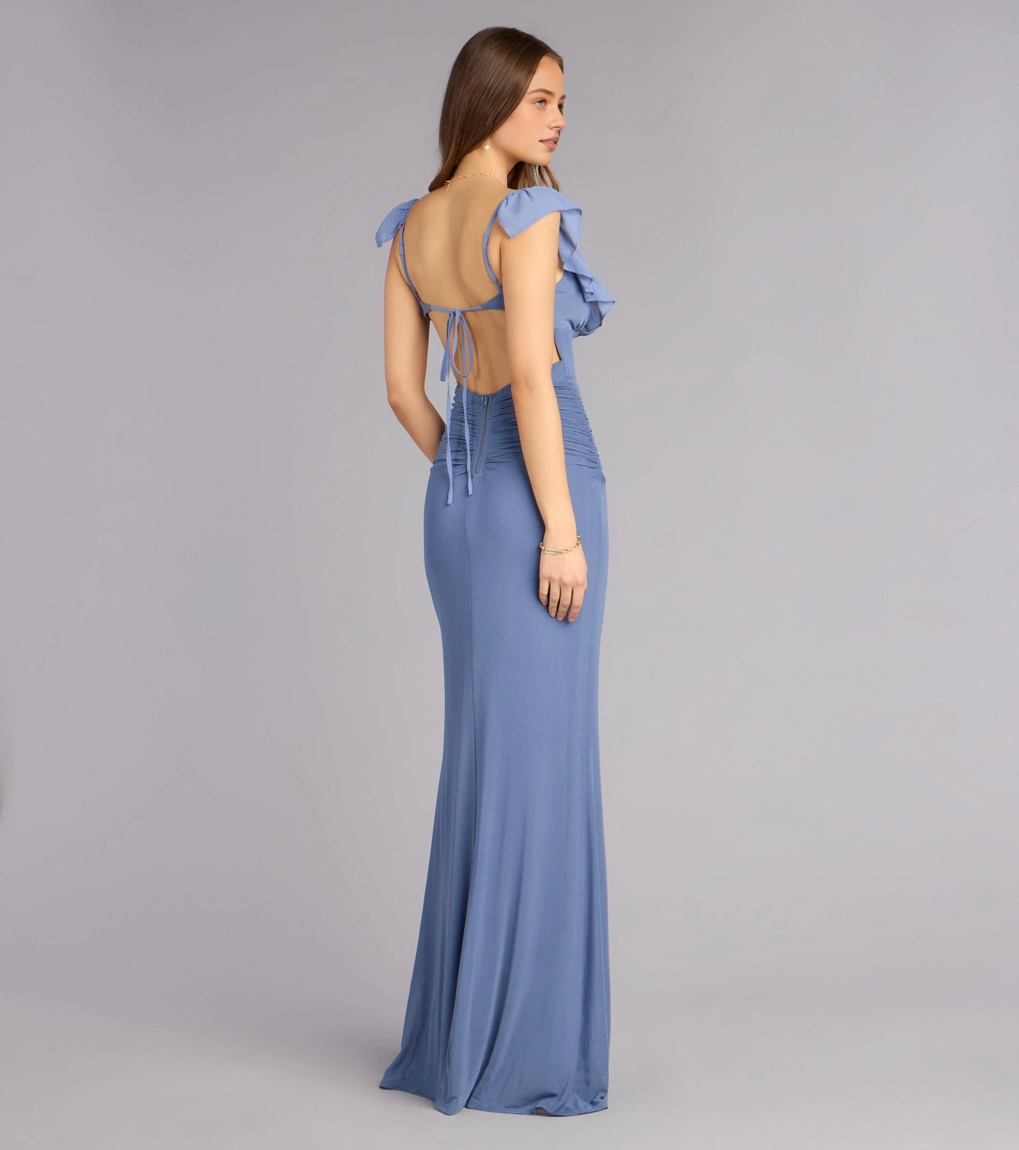 RoselleDress tie open back dusty blue stretch knit maxi gown thin straps rear view