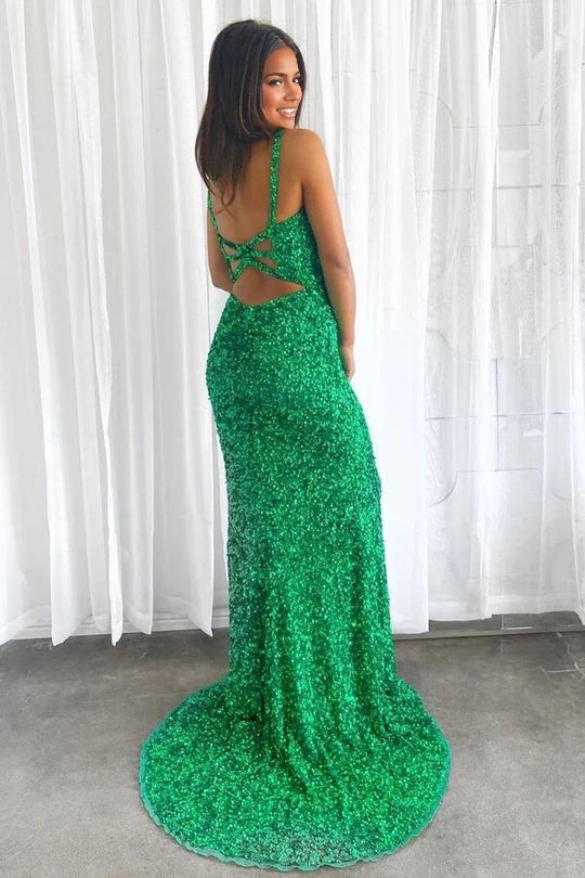 Shimmering Mermaid V‑Neck Sleeveless Lace‑Up‑Back Floor‑Length Plus Size Prom Dress