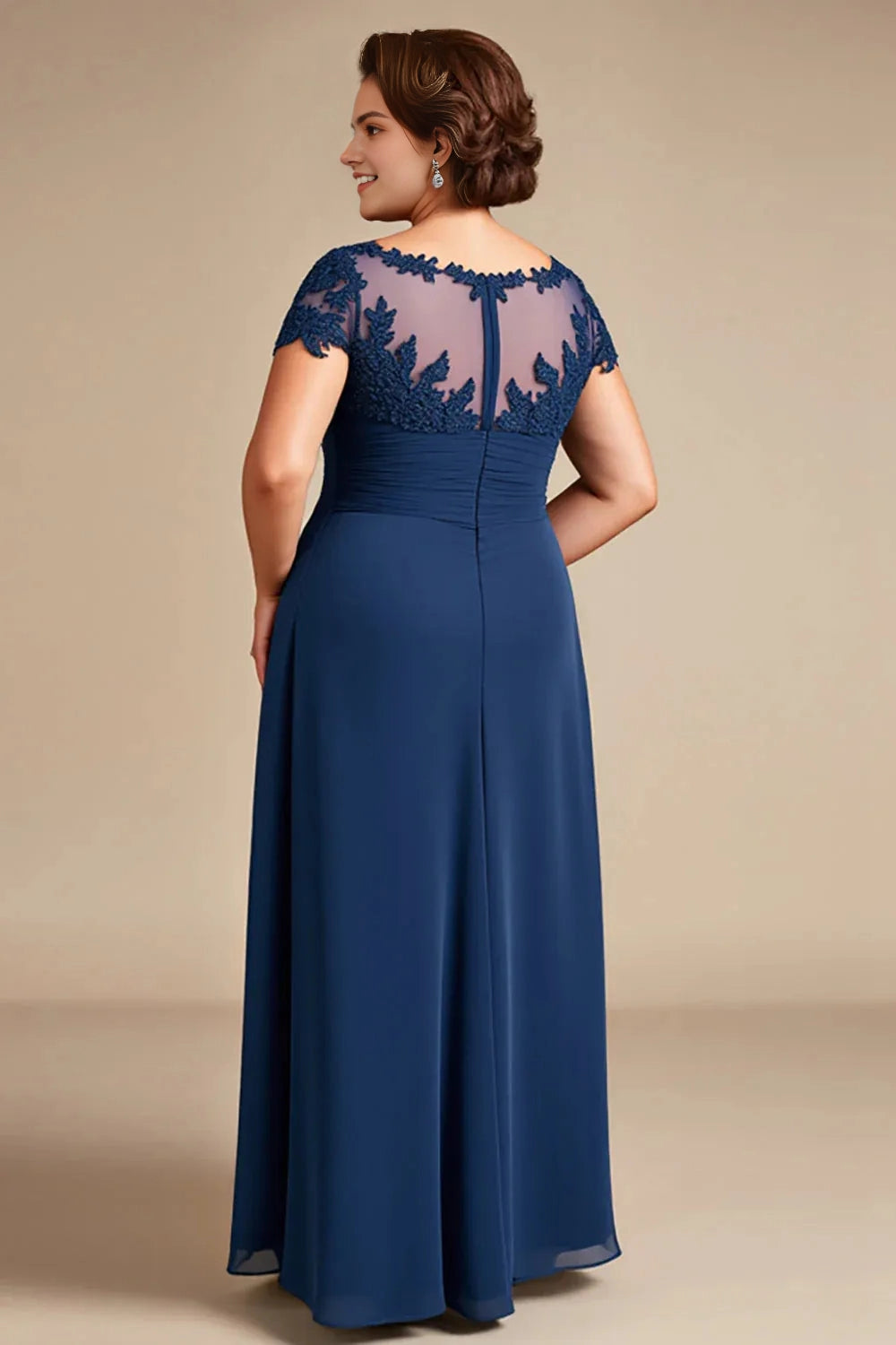 Roselledress navy blue a‑line chiffon dress back view,lace illusion back plus size evening gown for wedding