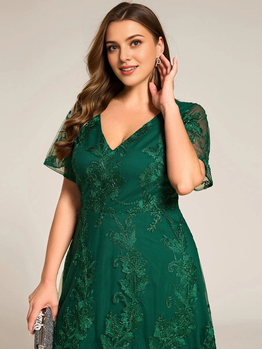 Roselledress High-Low A-Line V-Neck Flutter-Sleeve V-Zip-Back Midi Plus Size Weeding Guest Dress