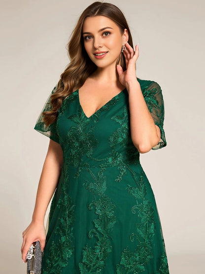 Roselledress High-Low A-Line V-Neck Flutter-Sleeve V-Zip-Back Midi Plus Size Weeding Guest Dress