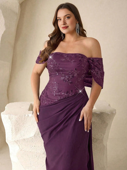 Elegant Plus Size Sheath Off-the-Shoulder Zip Back Long Chiffon Evening Dress