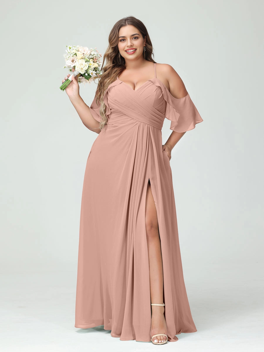 Romantic A‑Line V‑Neck Off Shoulder Keyhole Back Floor‑Length Sage Green Chiffon Slit Plus Size Mother Of The Bride Dress