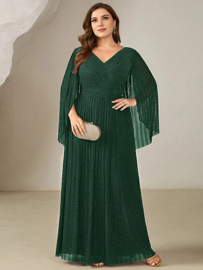 Roselledress Burgundy A Line V Neck Cape Sleeve Cutout Back Maxi Plus Size Wedding Guest Dress