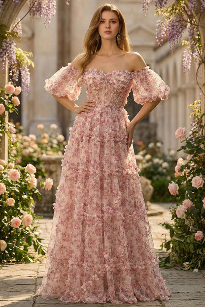 Dusty‑Pink Plus‑Size A‑Line Off‑Shoulder Puff‑Sleeve Zipper‑Back Floor‑Length Prom Dress 