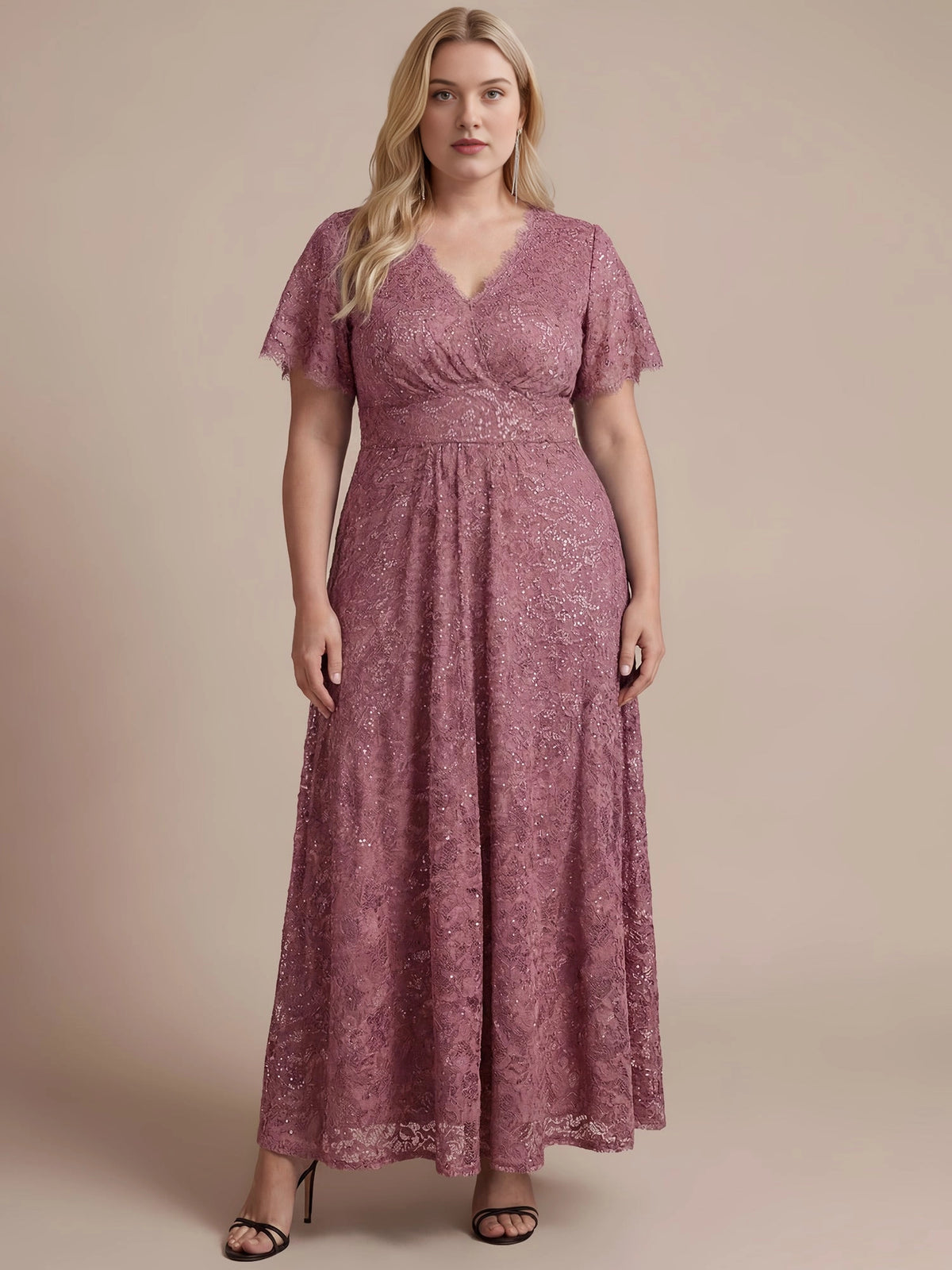Plus Size Sequin Lace V-Neck Flutter Sleeve Long Mother of Bride Dress
