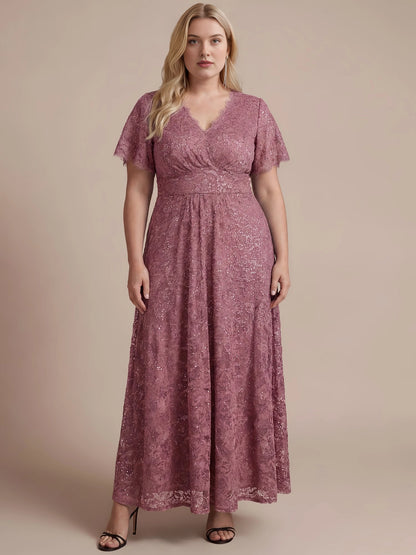 Plus Size Sequin Lace V-Neck Flutter Sleeve Long Mother of Bride Dress