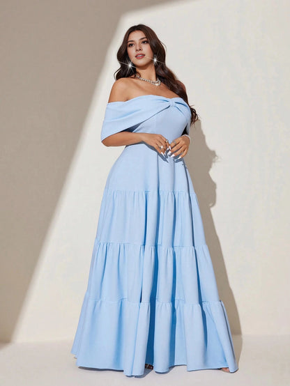 Plus Size Sky‑Blue A‑Line Off‑The‑Shoulder Short‑Sleeve Open‑Back Floor‑Length Prom Dress