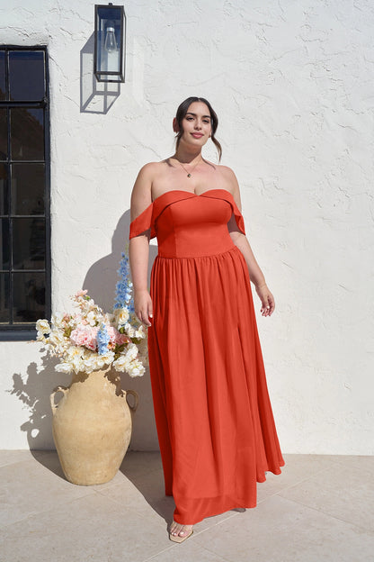 Romantic A-Line Sweetheart Off Shoulder Zipper Back Long Plus Size Bridesmaid Dress