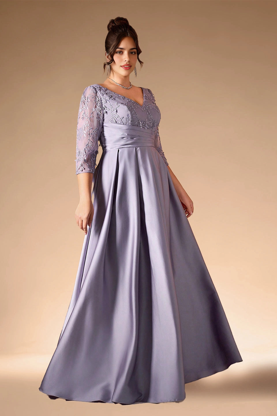 Dusty Lavender Plus Size A‑Line V‑Neck 3/4‑Sleeve V‑Back Zip‑Back Floor‑Length Prom Dress