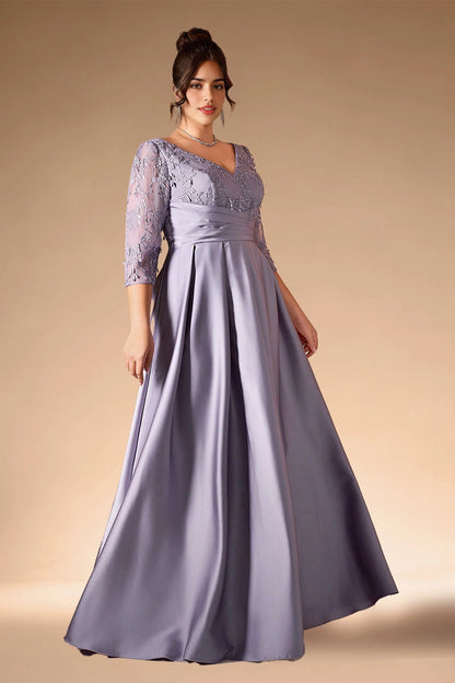 Dusty Lavender Plus Size A‑Line V‑Neck 3/4‑Sleeve V‑Back Zip‑Back Floor‑Length Prom Dress