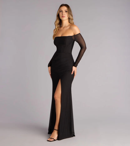 Roselledress Slim Mermaid Off-Shoulder Mesh-Sleeve Zip-Back Maxi Plus Size Prom Dress