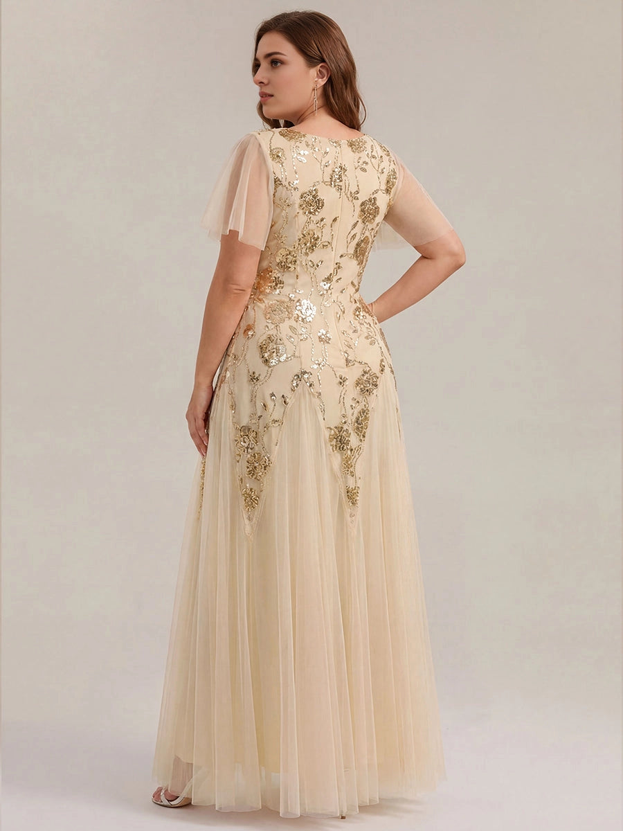 roselledress champagne gold floral sequin plus size formal gown zipper back floor length tulle wedding guest dress back view